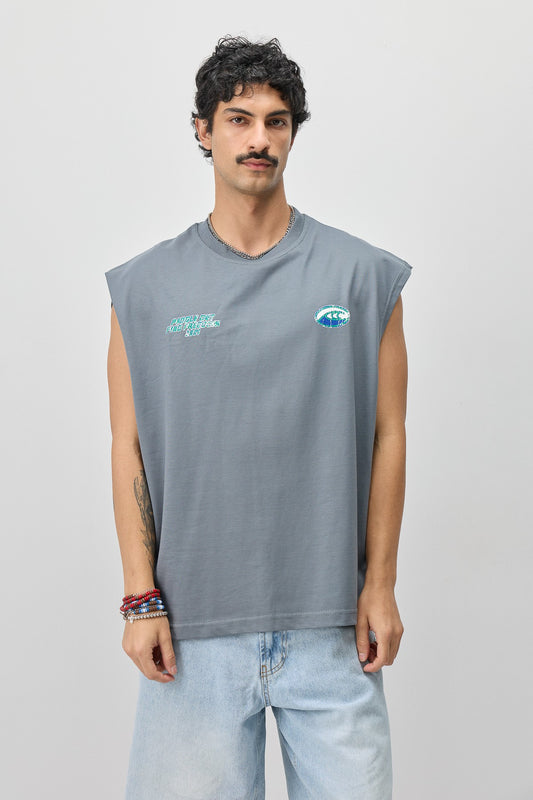 Oversize Baskılı Kolsuz Tişört