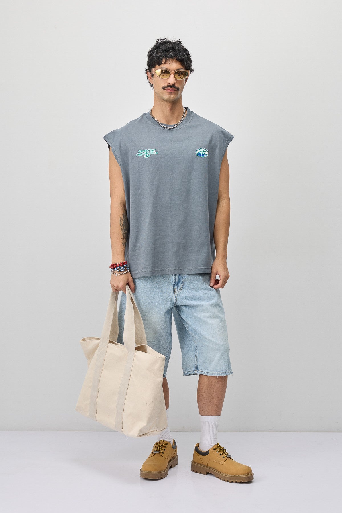 Oversize Baskılı Kolsuz Tişört