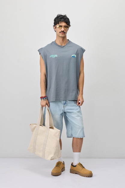Oversize Baskılı Kolsuz Tişört