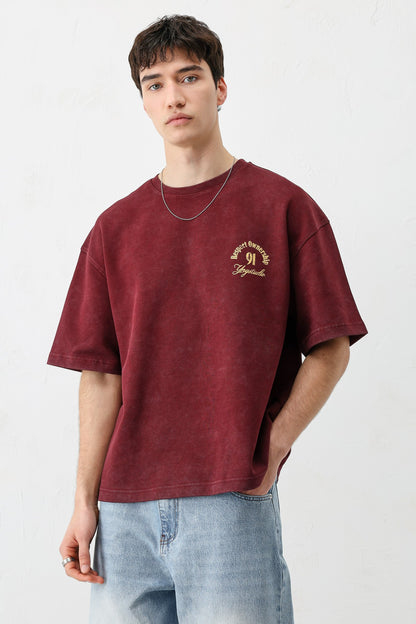 Kısa Kollu Boxy Fit Baskılı Tişört Bordo