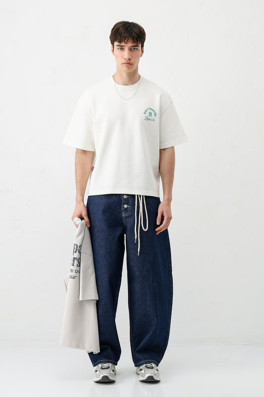 Kısa Kollu Boxy Fit Baskılı Tişört Ekru