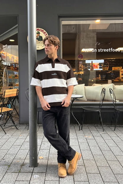 Oversize Rugby Yaka Çizgili Tişört