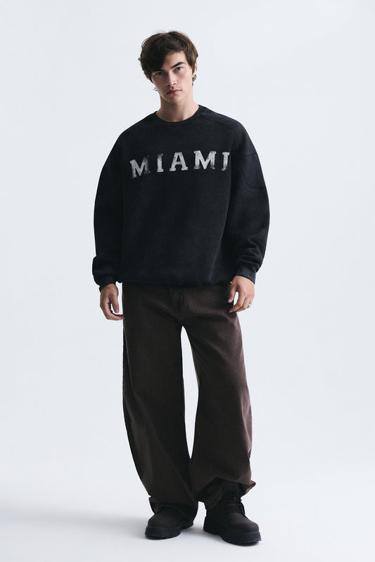 Miami Baskılı Bisiklet Yaka Sweatshirt