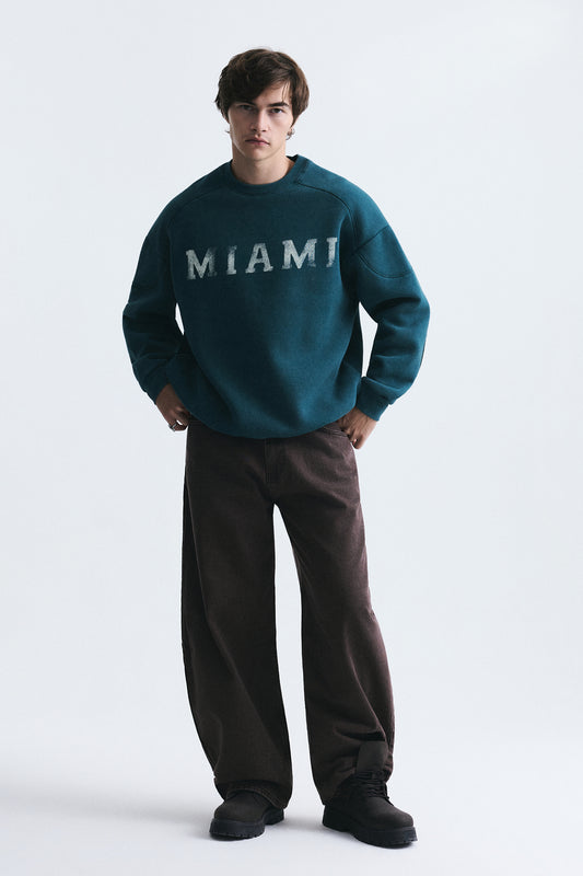 Miami Baskılı Bisiklet Yaka Sweatshirt