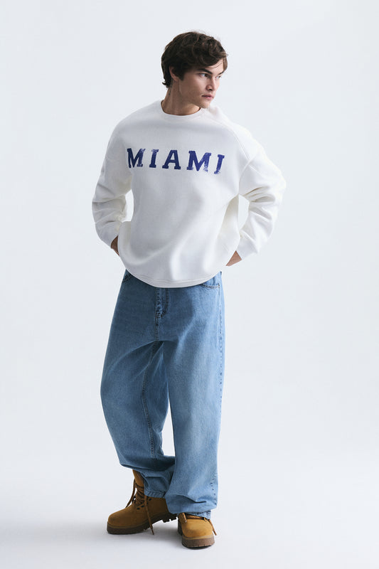 Miami Baskılı Bisiklet Yaka Sweatshirt