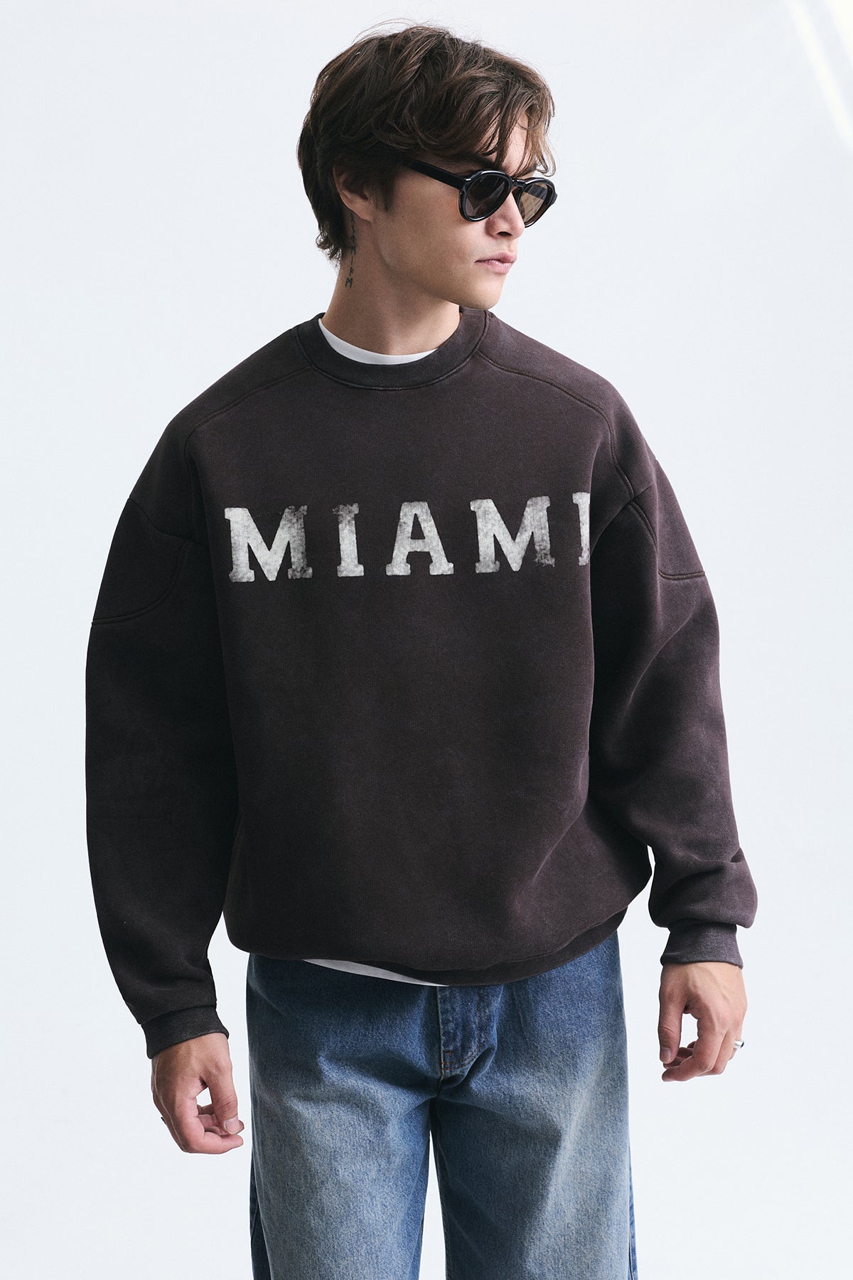 Miami Baskılı Bisiklet Yaka Sweatshirt