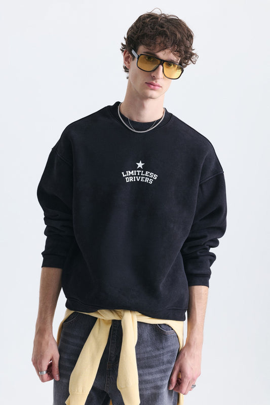 Overize Baskılı Bisiklet Yaka Sweatshirt