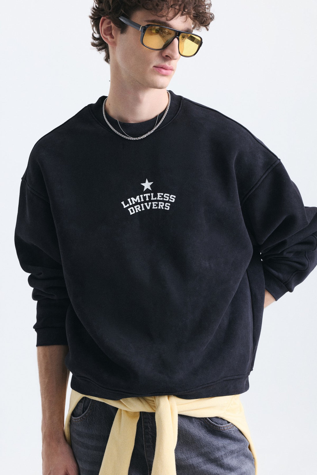 Overize Baskılı Bisiklet Yaka Sweatshirt