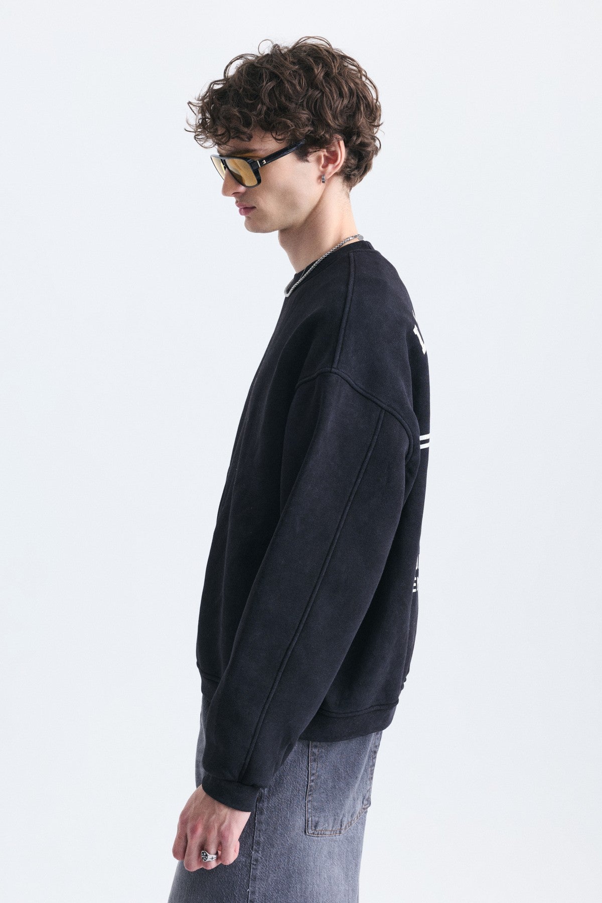 Overize Baskılı Bisiklet Yaka Sweatshirt