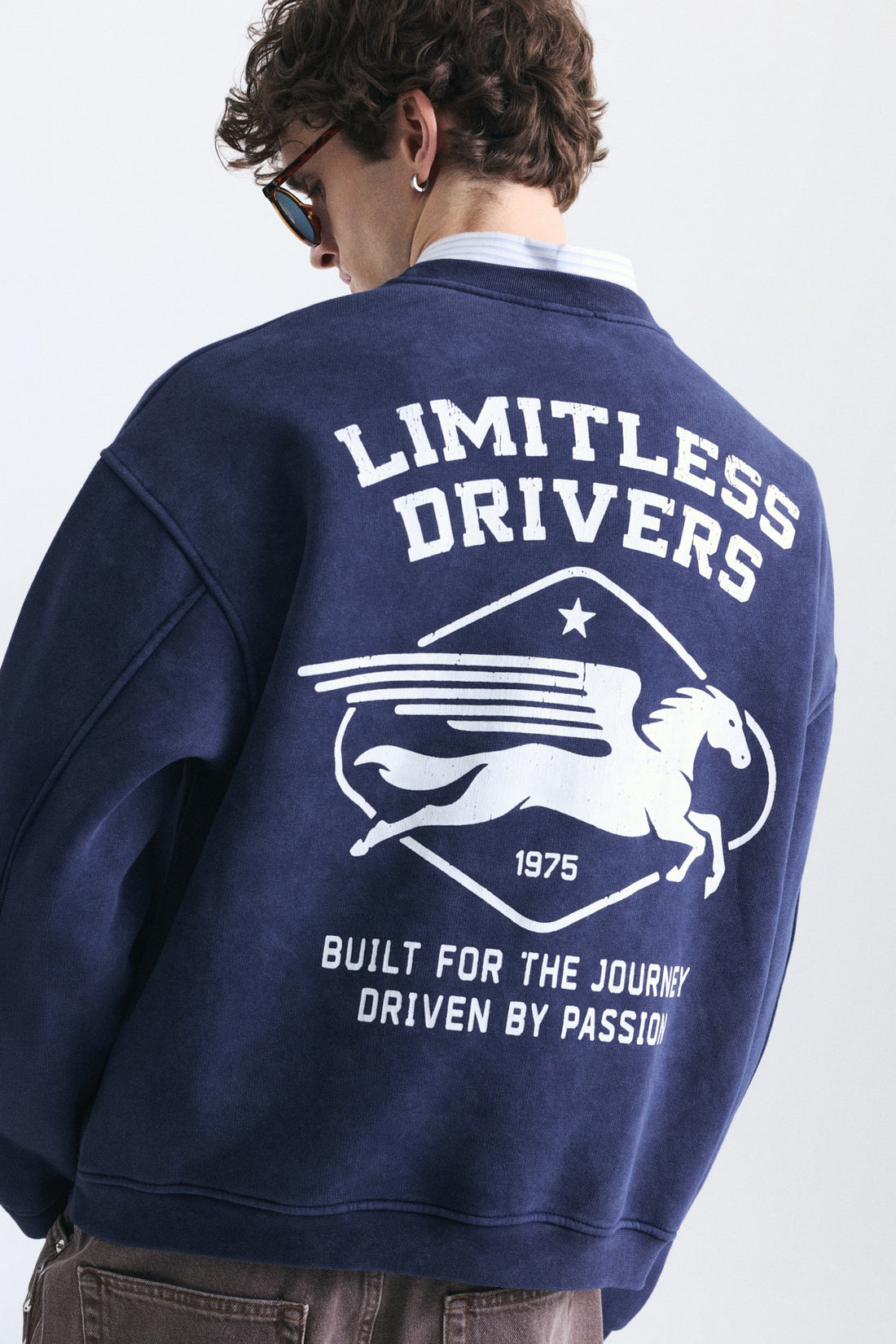 Overize Baskılı Bisiklet Yaka Sweatshirt