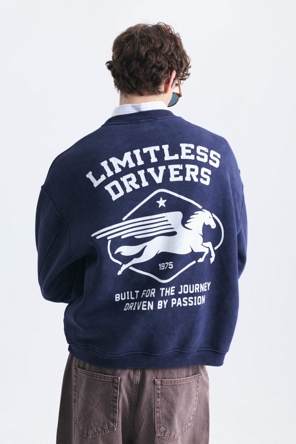 Overize Baskılı Bisiklet Yaka Sweatshirt