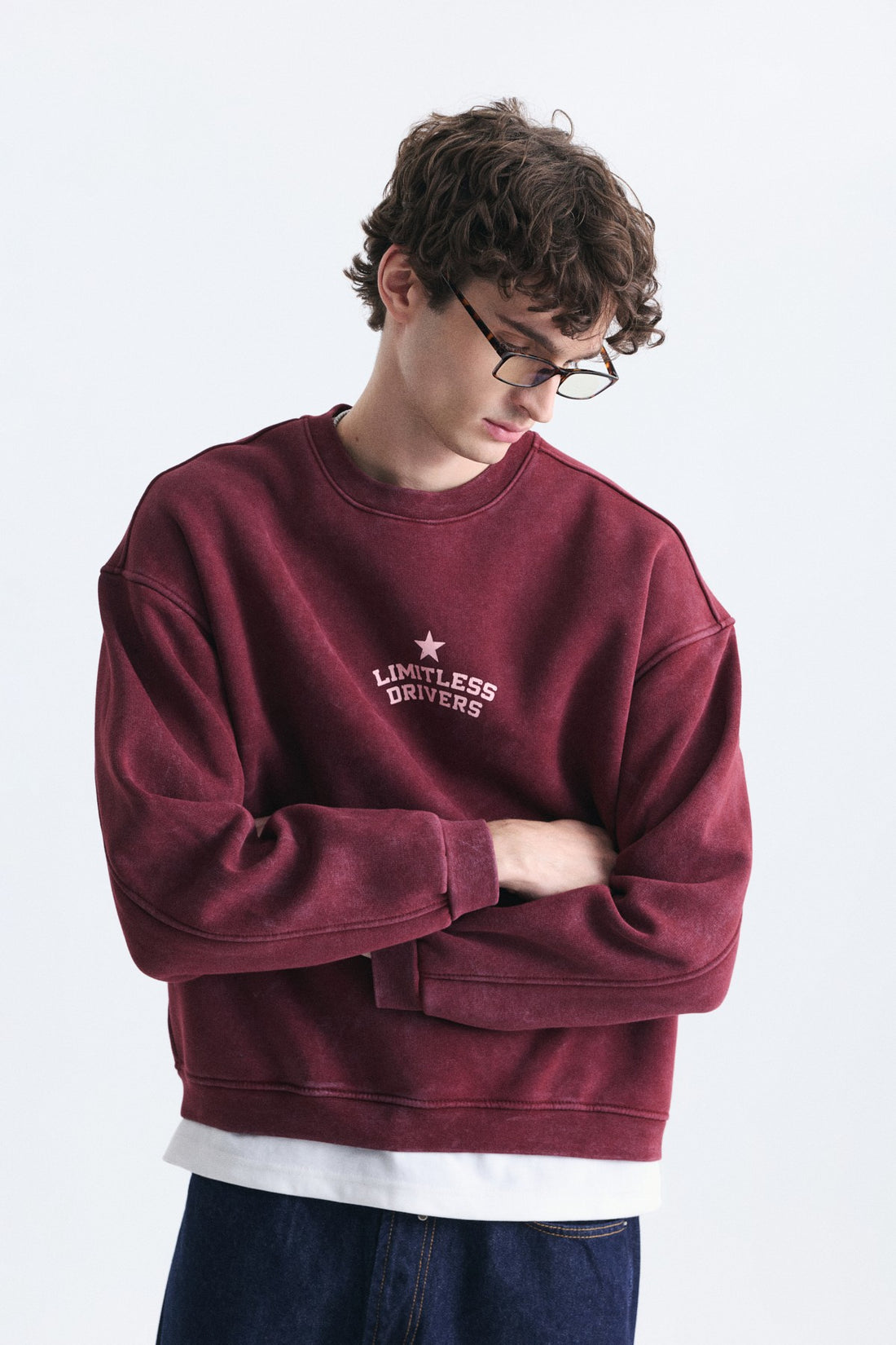 Overize Baskılı Bisiklet Yaka Sweatshirt