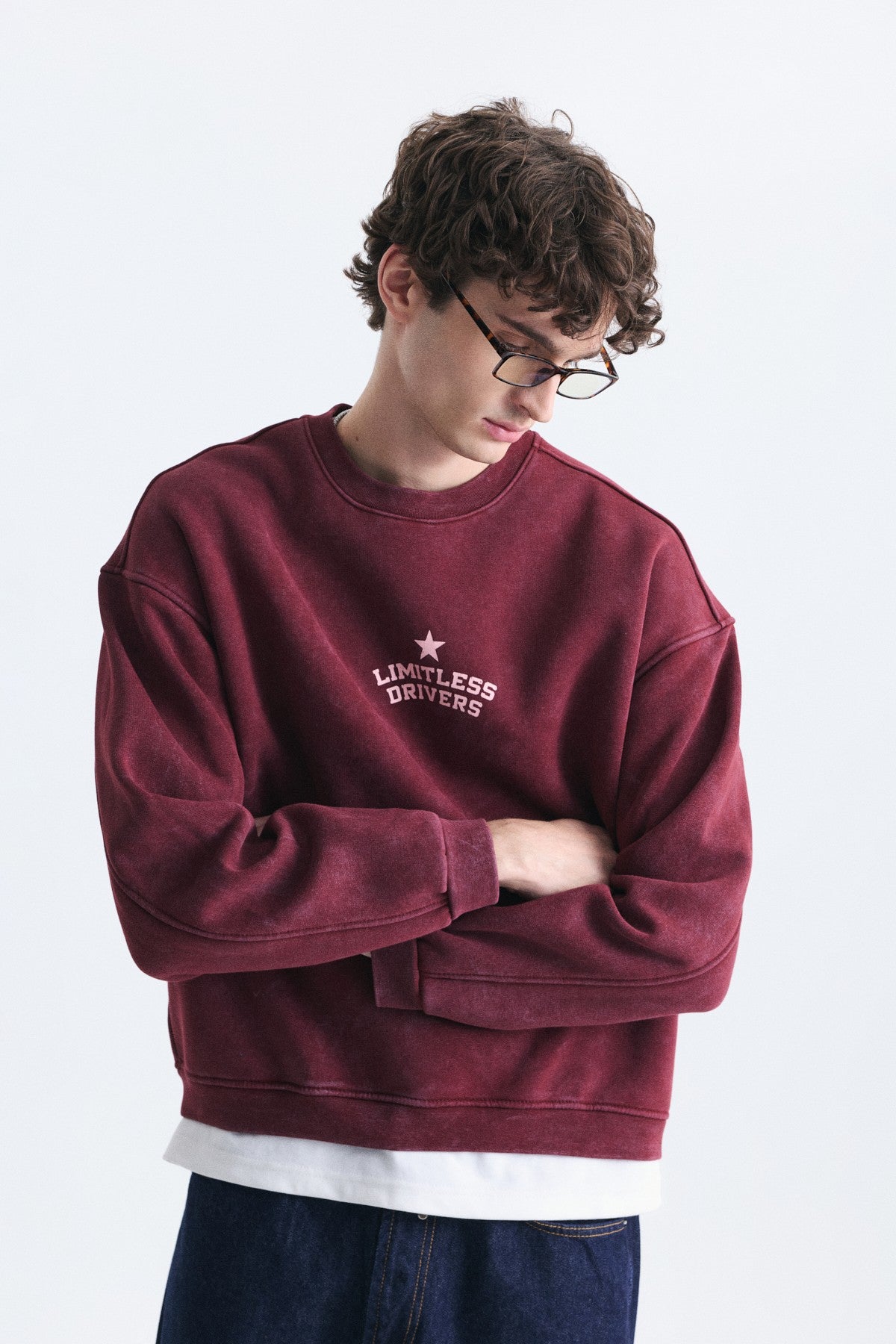 Overize Baskılı Bisiklet Yaka Sweatshirt