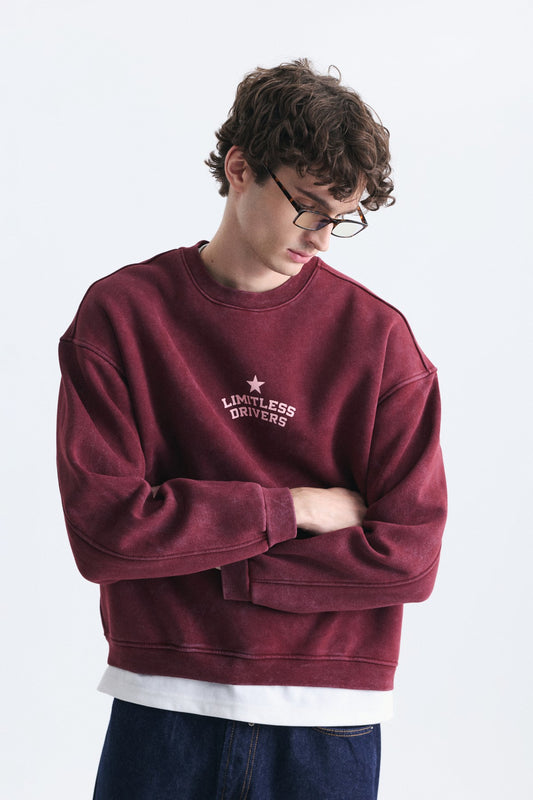 Overize Baskılı Bisiklet Yaka Sweatshirt