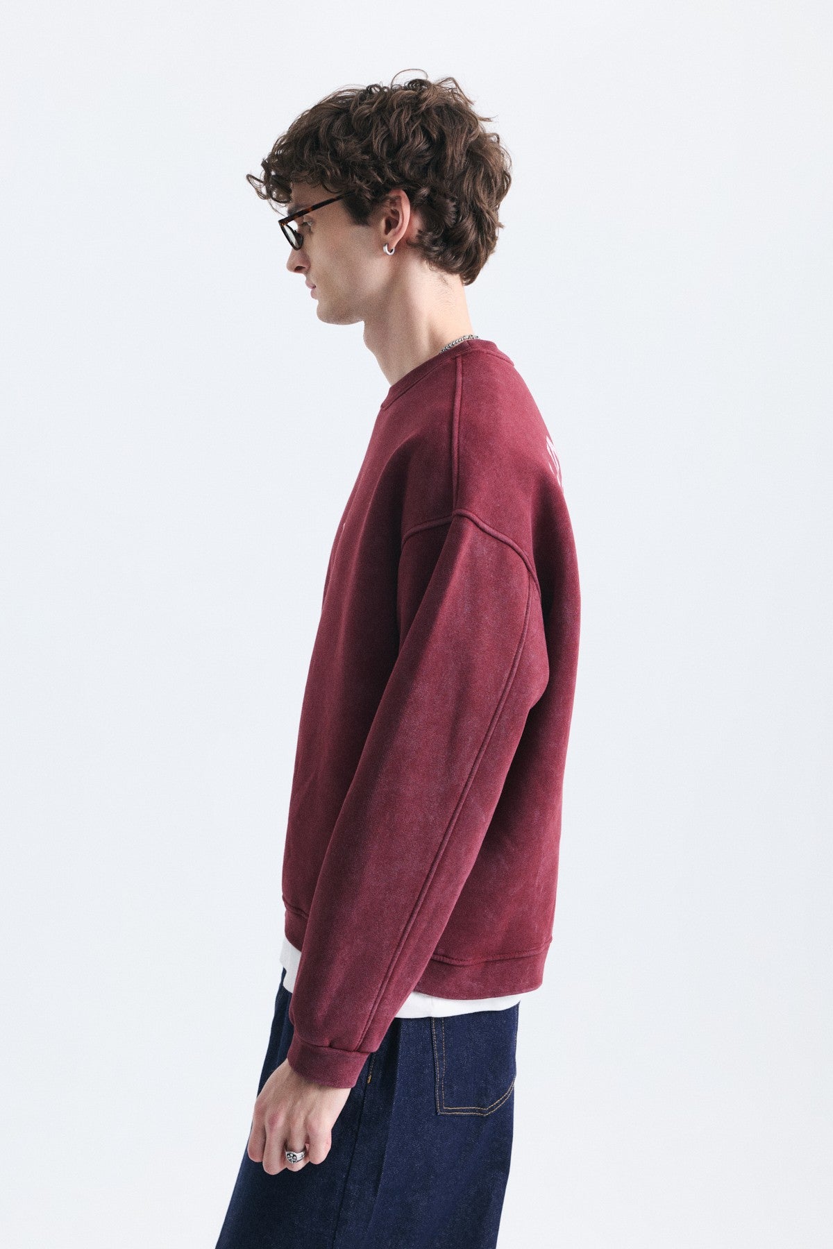 Overize Baskılı Bisiklet Yaka Sweatshirt