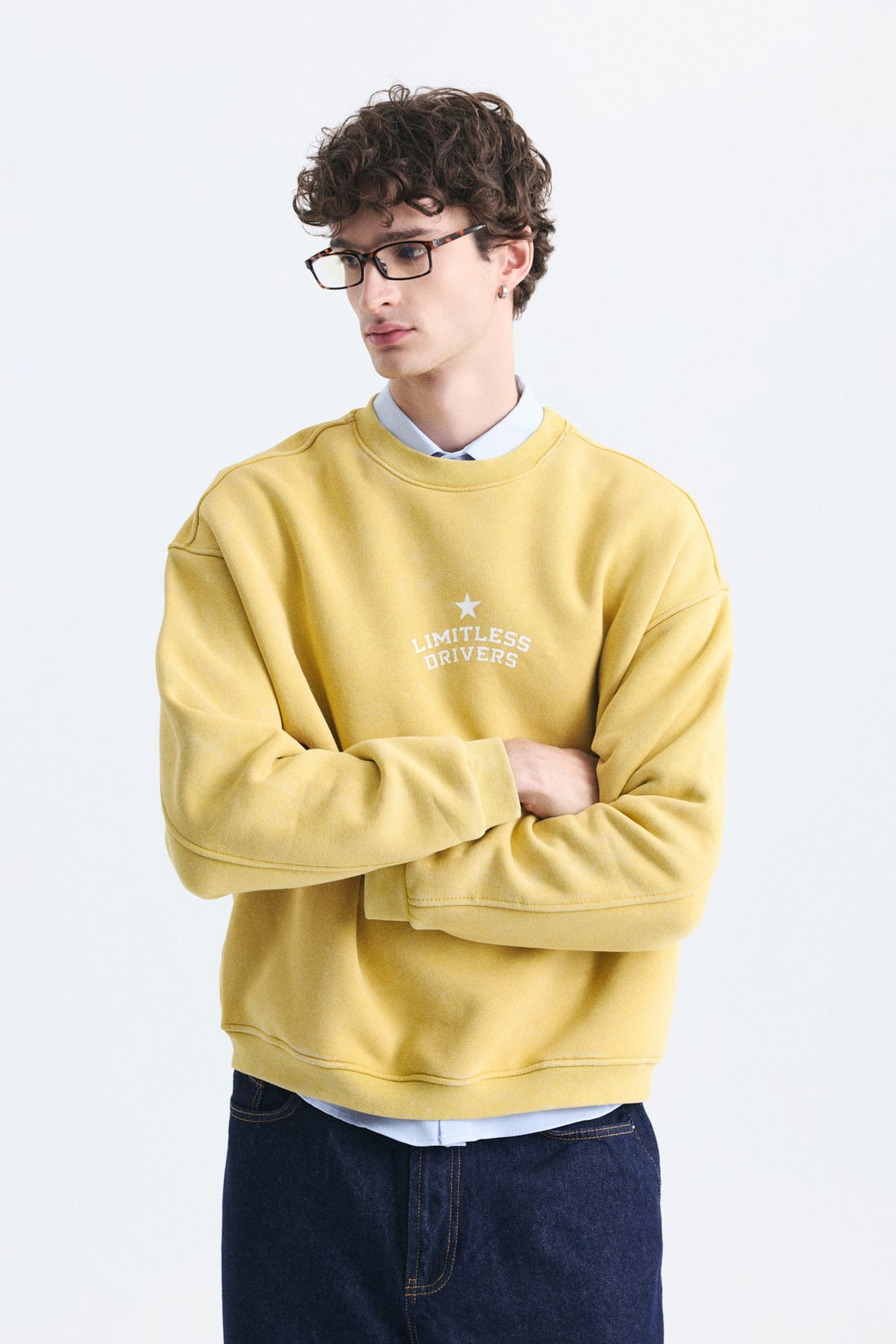 Overize Baskılı Bisiklet Yaka Sweatshirt