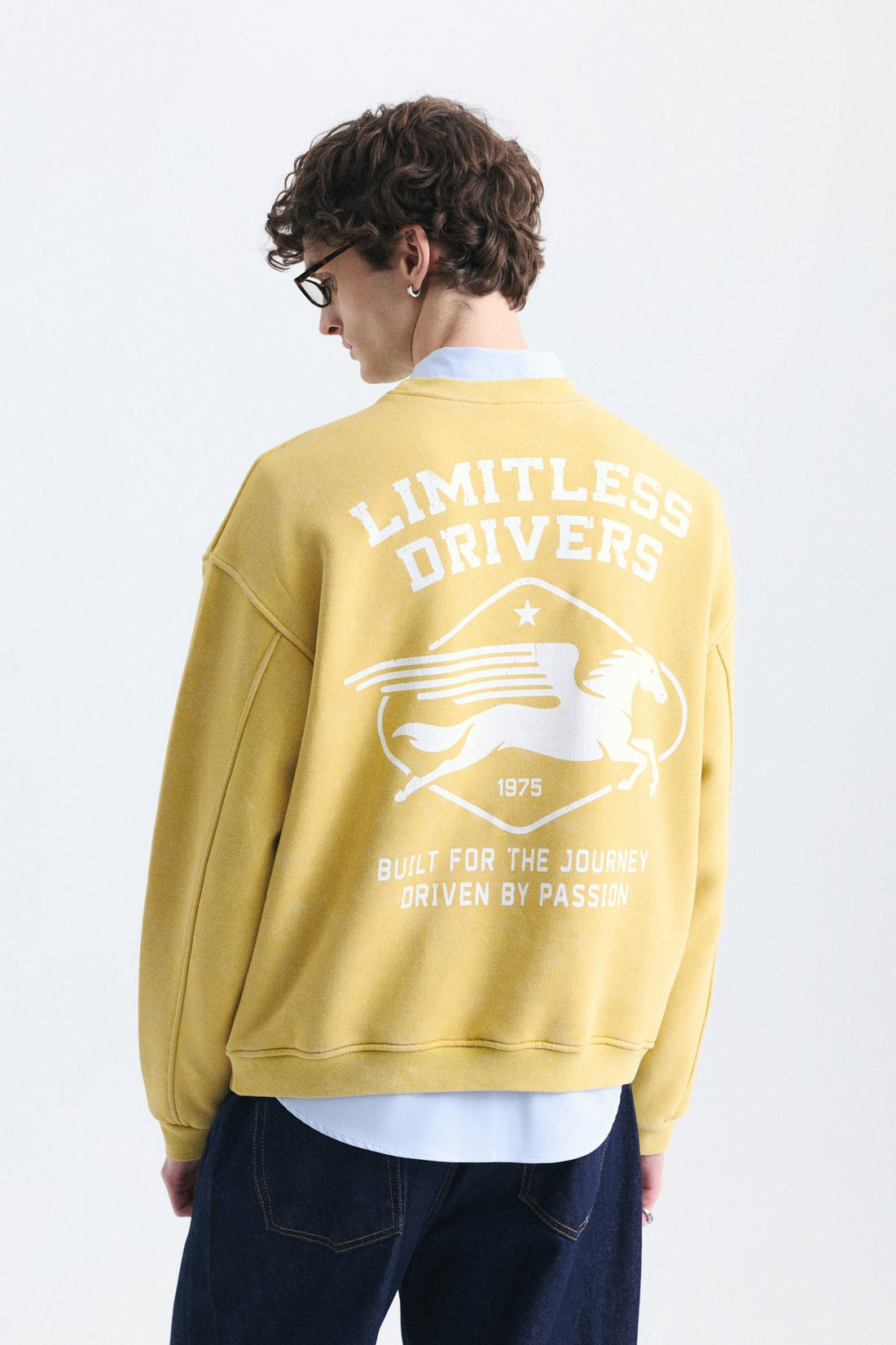 Overize Baskılı Bisiklet Yaka Sweatshirt