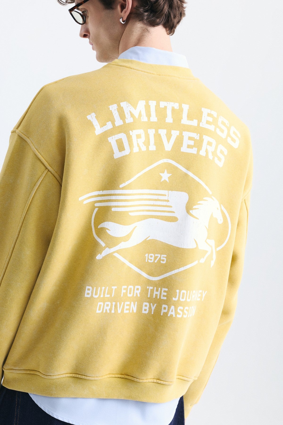 Overize Baskılı Bisiklet Yaka Sweatshirt