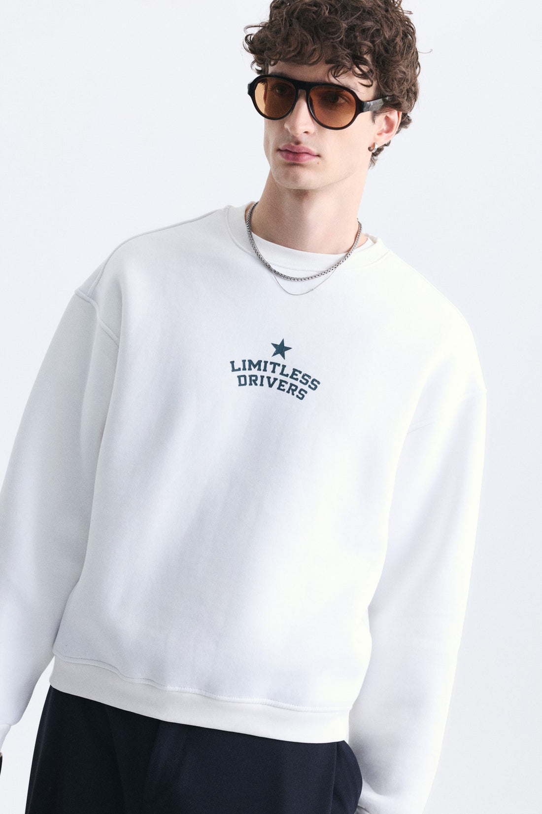 Overize Baskılı Bisiklet Yaka Sweatshirt