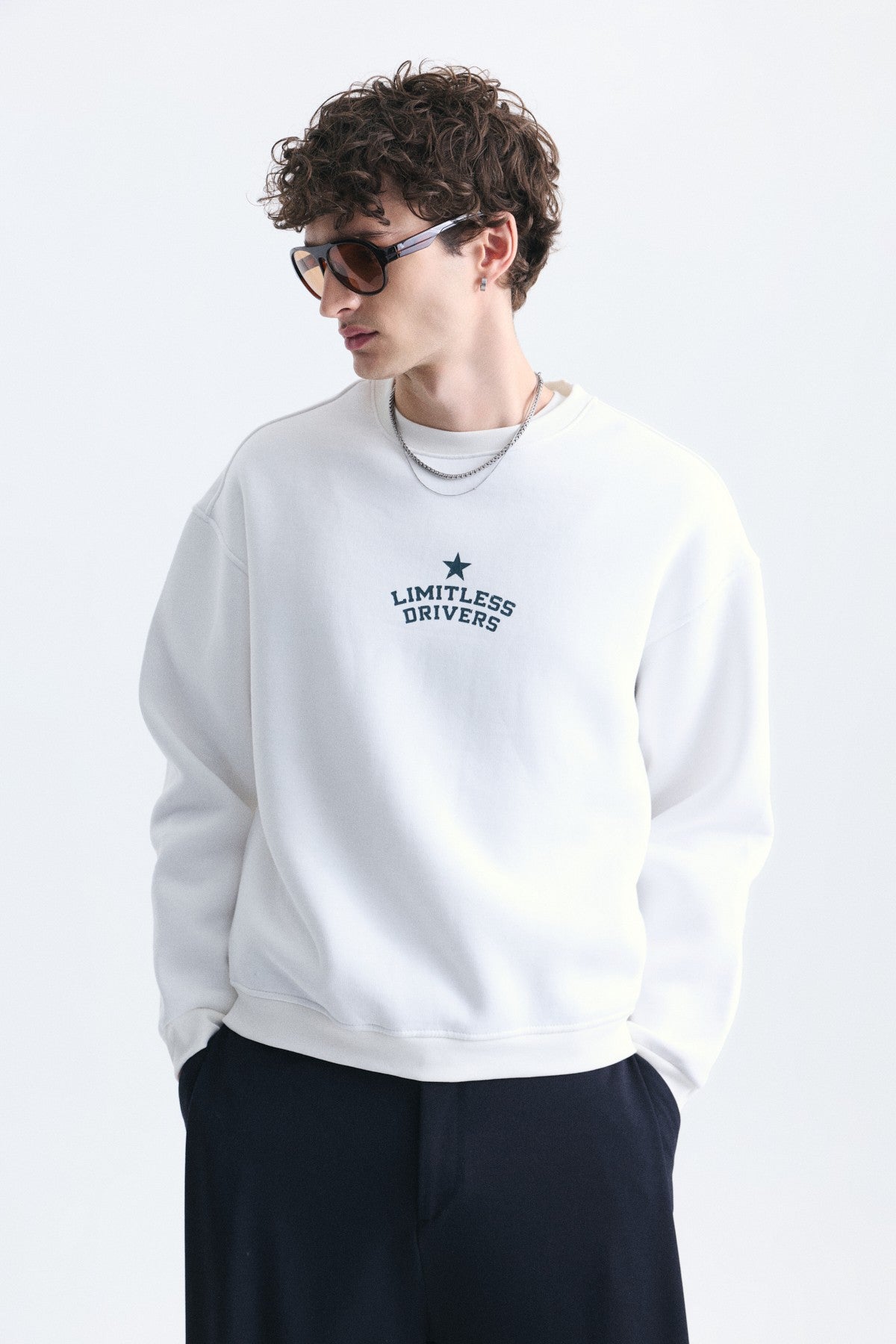 Overize Baskılı Bisiklet Yaka Sweatshirt
