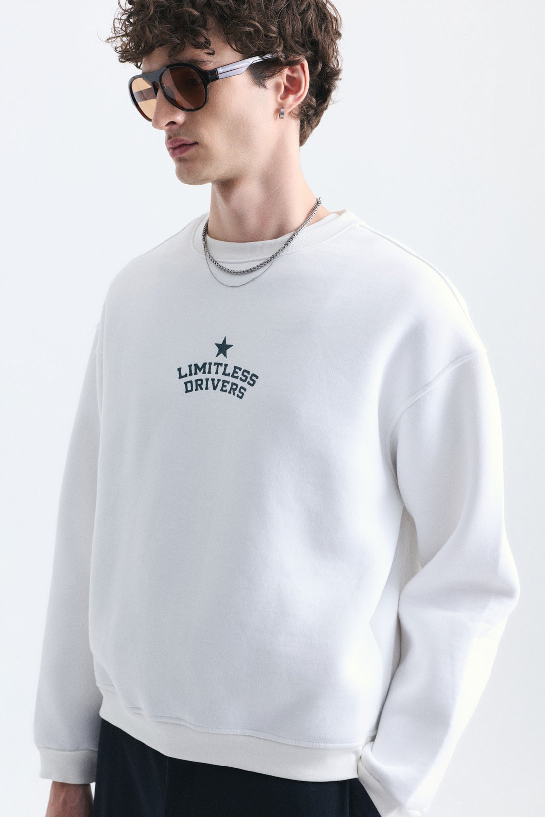 Overize Baskılı Bisiklet Yaka Sweatshirt