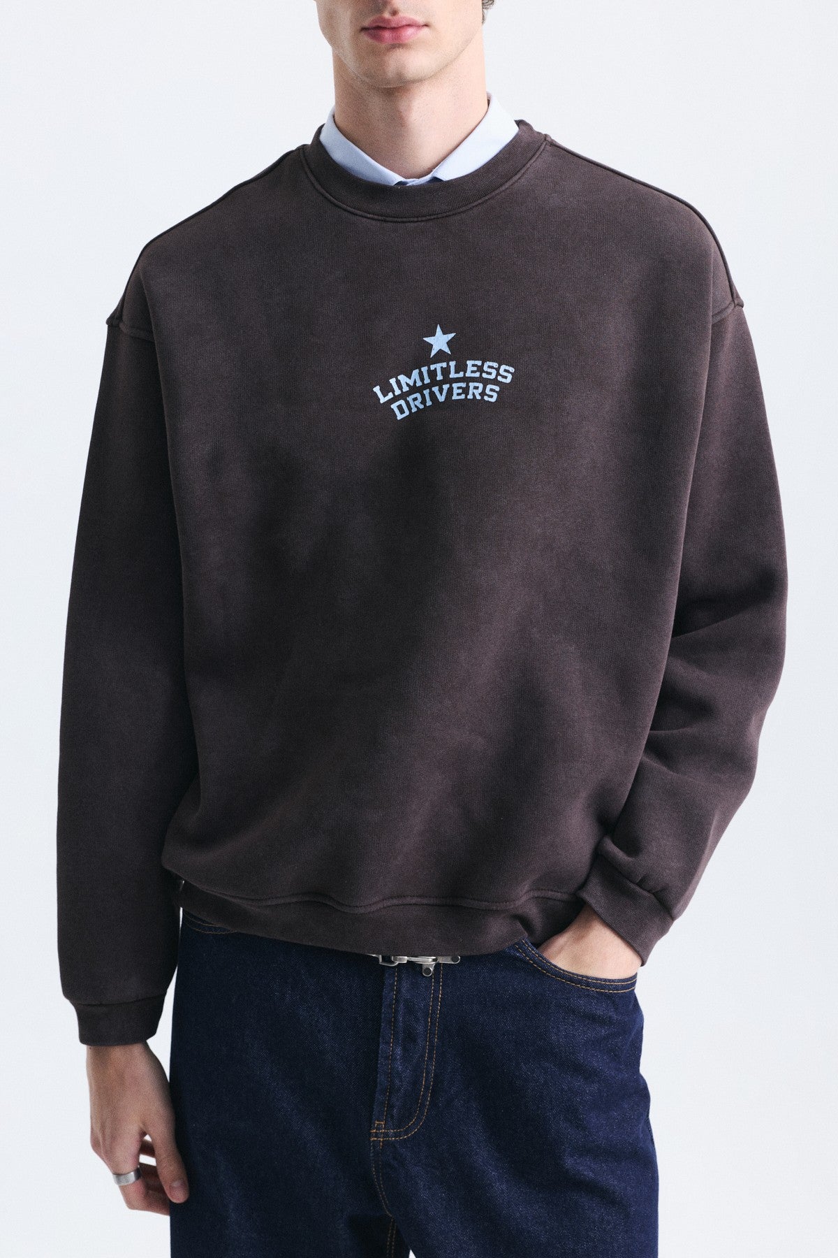 Overize Baskılı Bisiklet Yaka Sweatshirt
