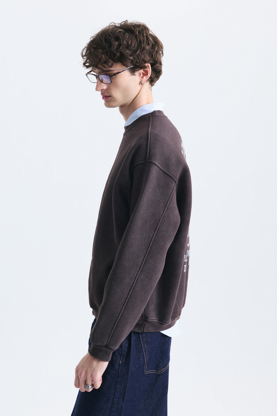 Overize Baskılı Bisiklet Yaka Sweatshirt