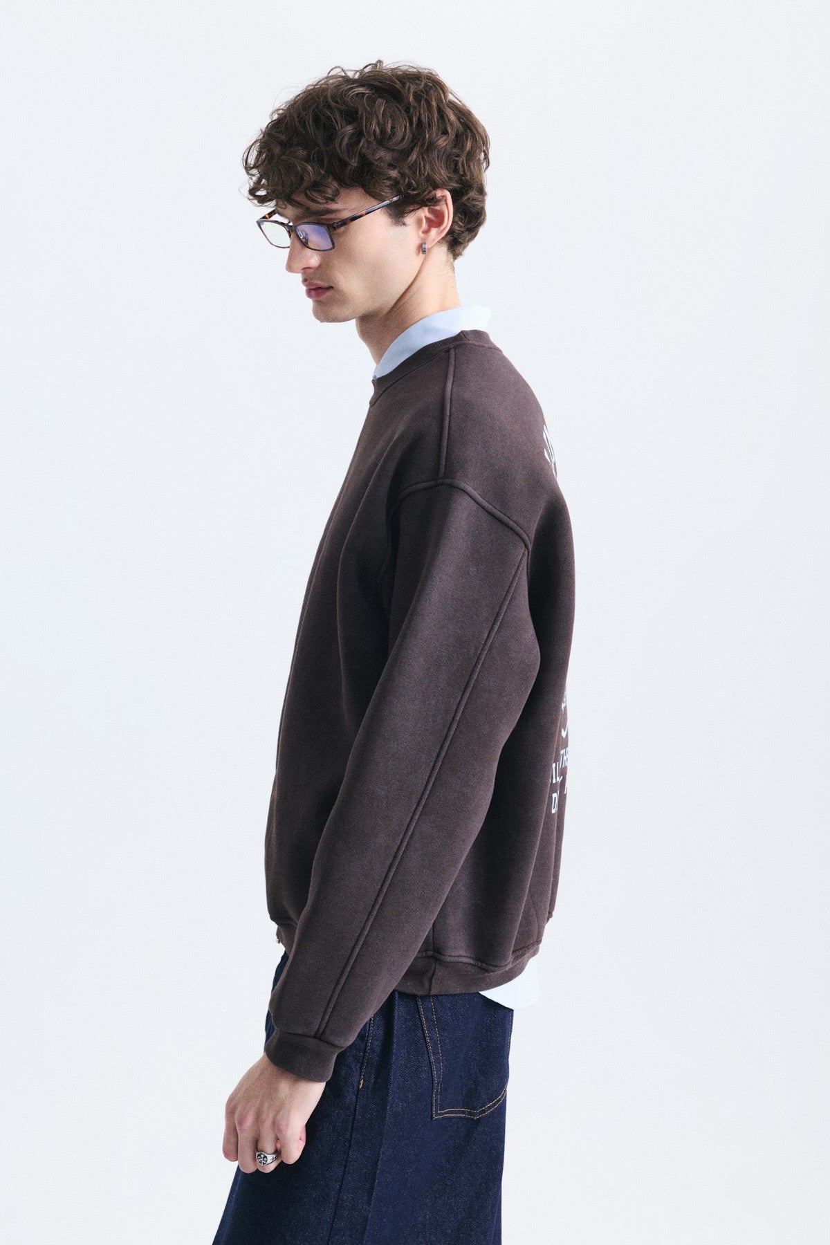 Overize Baskılı Bisiklet Yaka Sweatshirt
