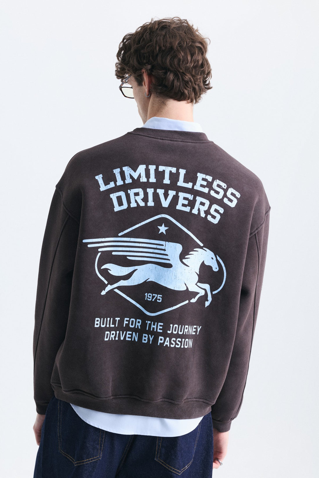Overize Baskılı Bisiklet Yaka Sweatshirt