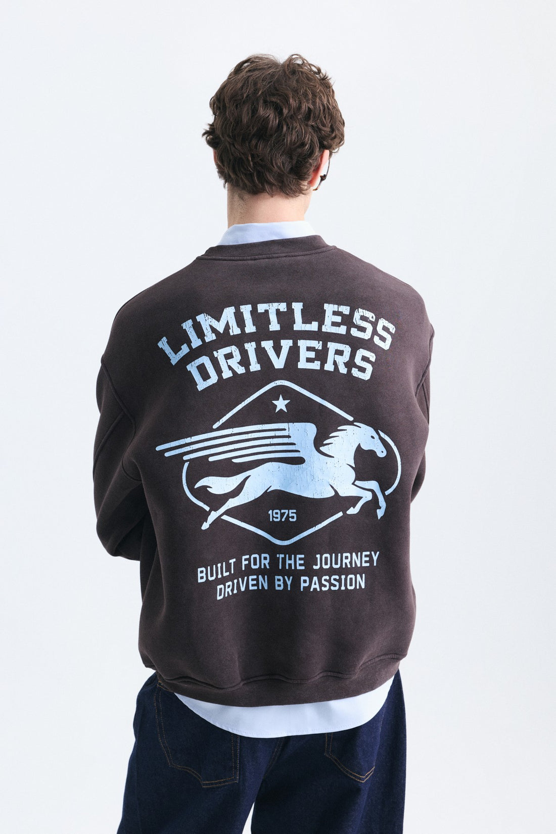 Overize Baskılı Bisiklet Yaka Sweatshirt