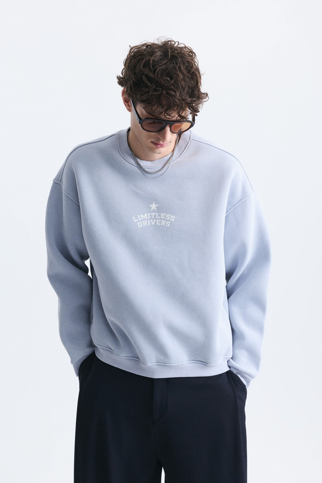 Overize Baskılı Bisiklet Yaka Sweatshirt