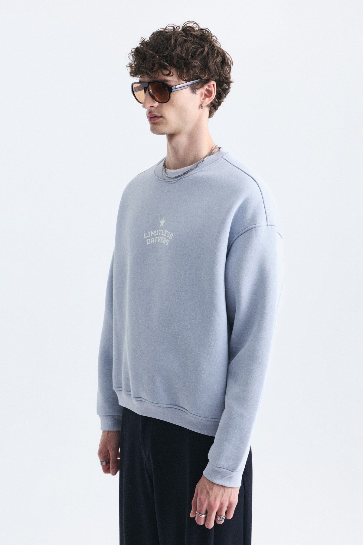 Overize Baskılı Bisiklet Yaka Sweatshirt