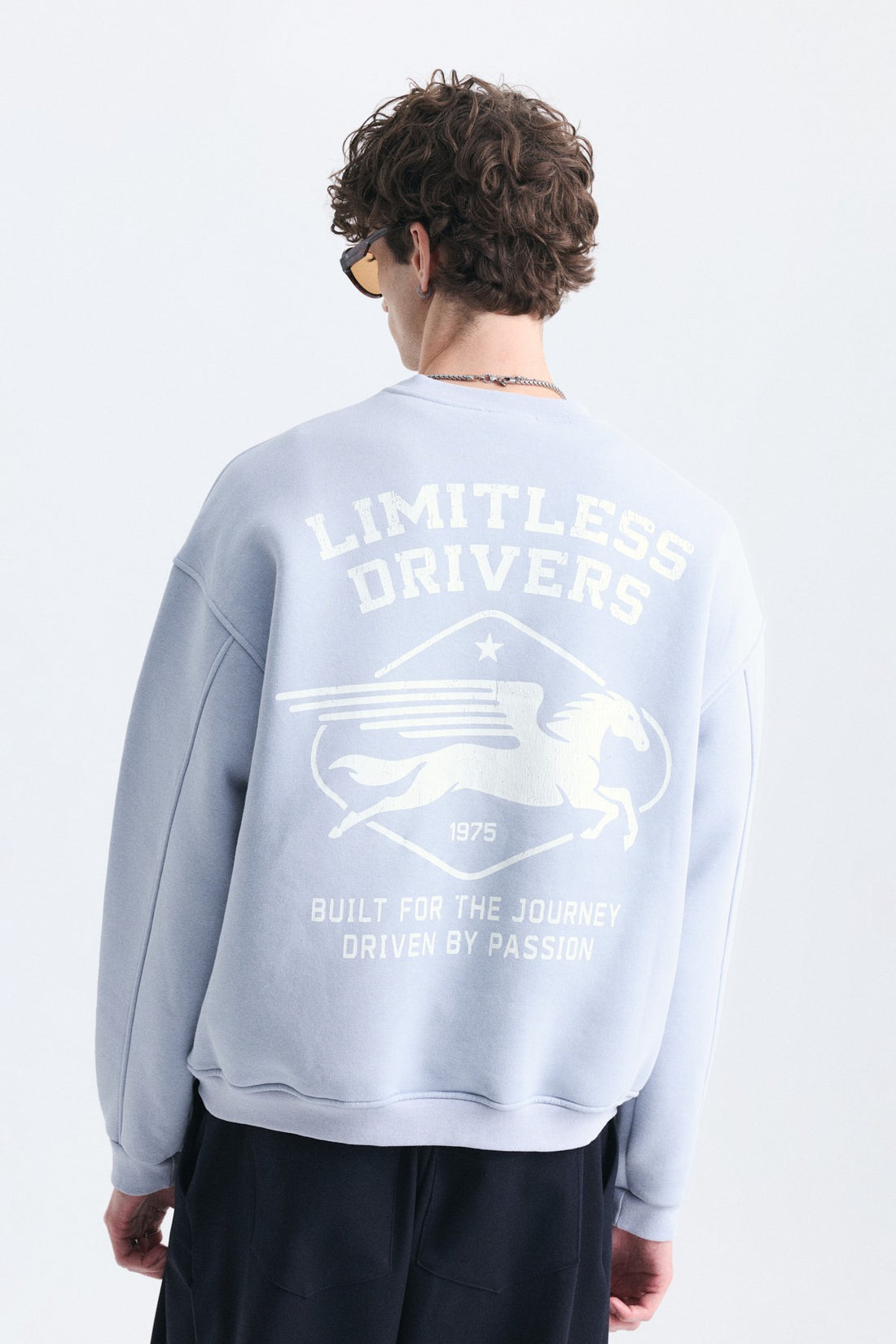 Overize Baskılı Bisiklet Yaka Sweatshirt