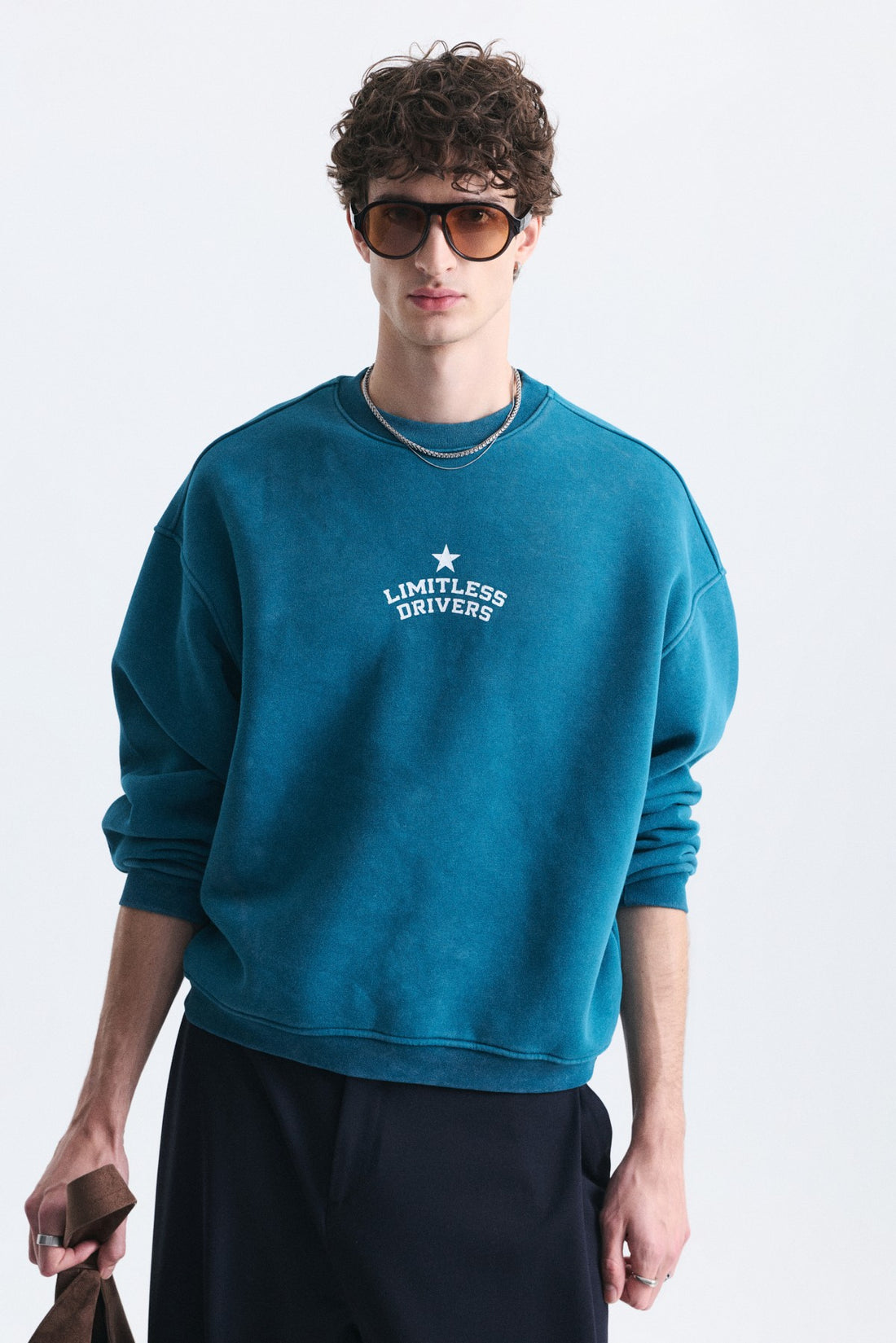Overize Baskılı Bisiklet Yaka Sweatshirt