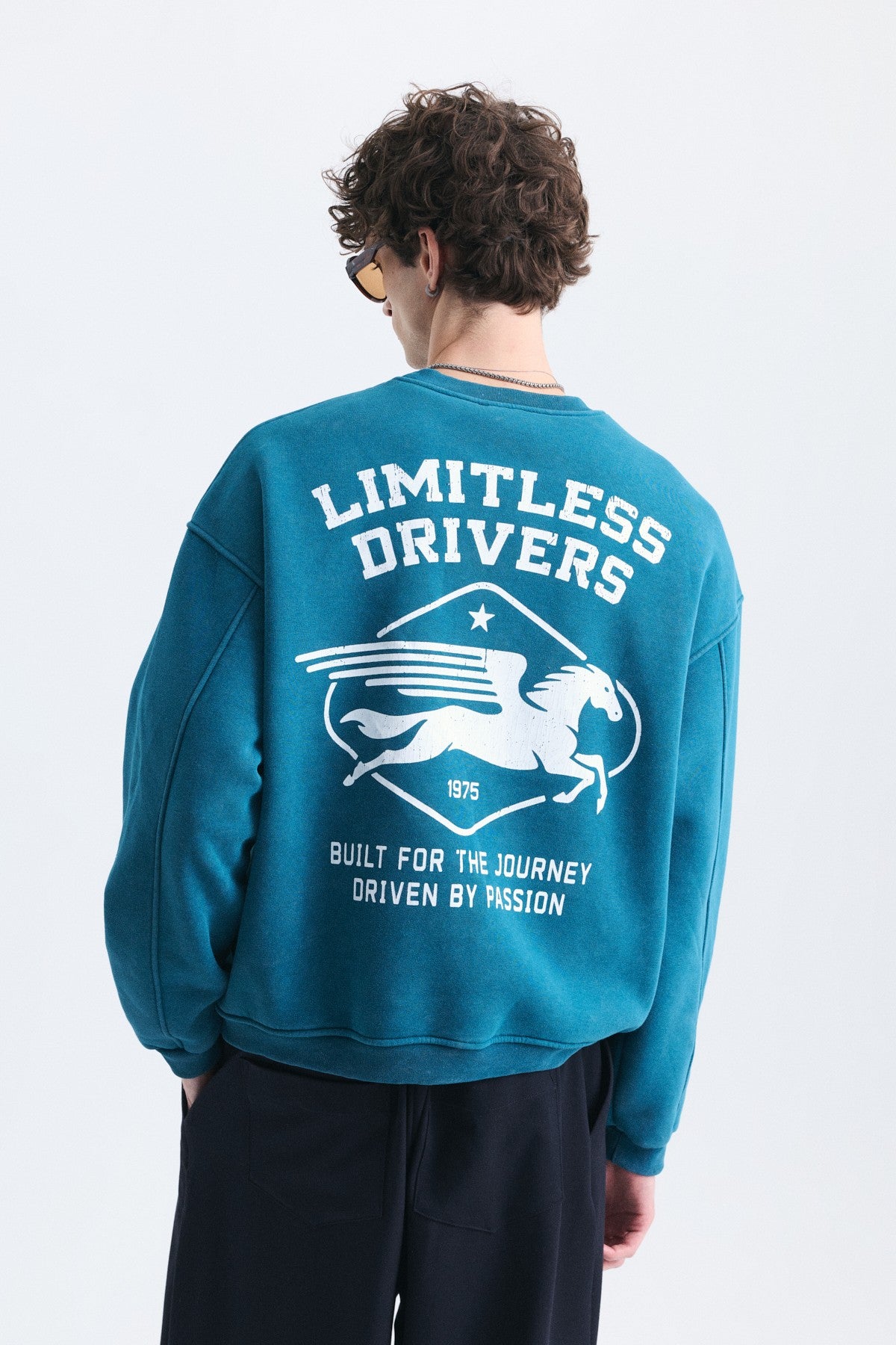 Overize Baskılı Bisiklet Yaka Sweatshirt