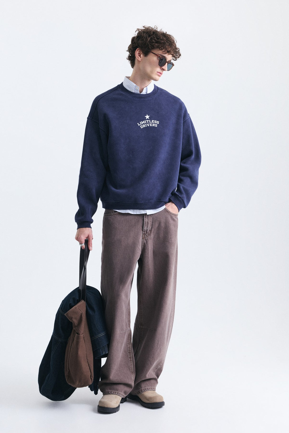 Overize Baskılı Bisiklet Yaka Sweatshirt