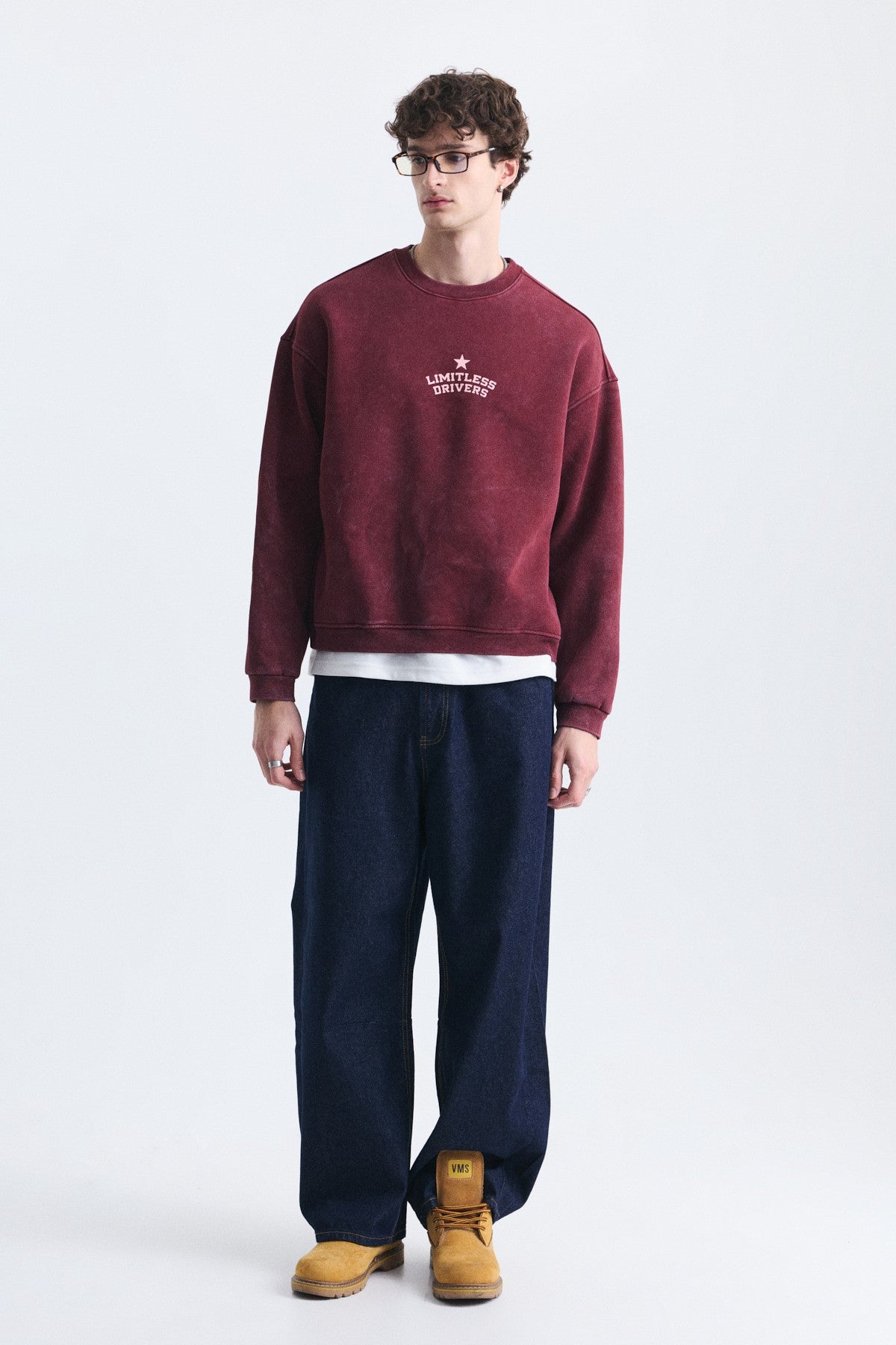 Overize Baskılı Bisiklet Yaka Sweatshirt