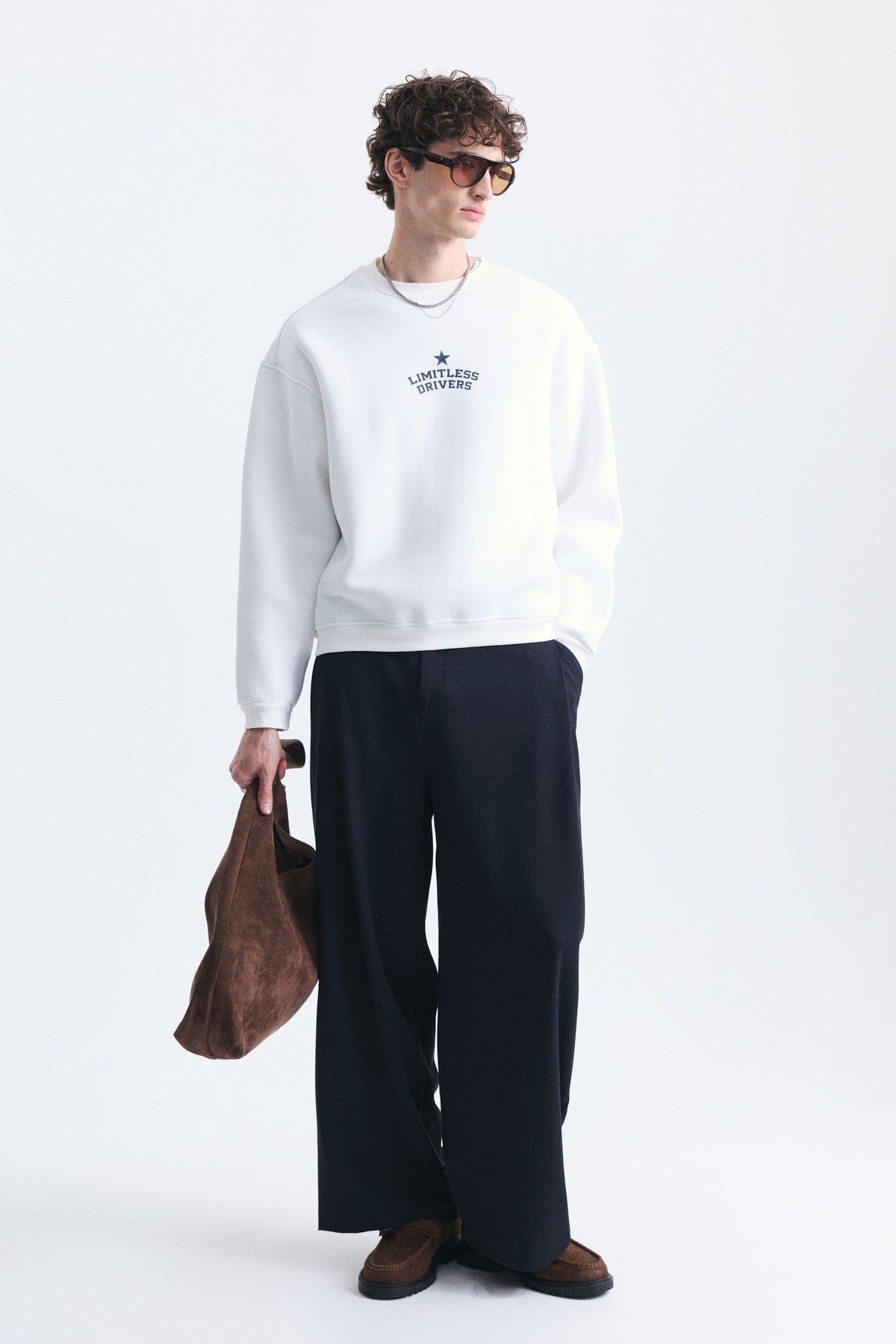 Overize Baskılı Bisiklet Yaka Sweatshirt