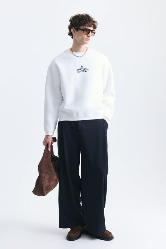 Overize Baskılı Bisiklet Yaka Sweatshirt