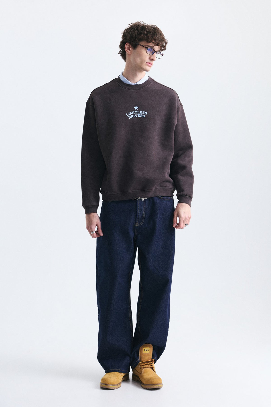 Overize Baskılı Bisiklet Yaka Sweatshirt