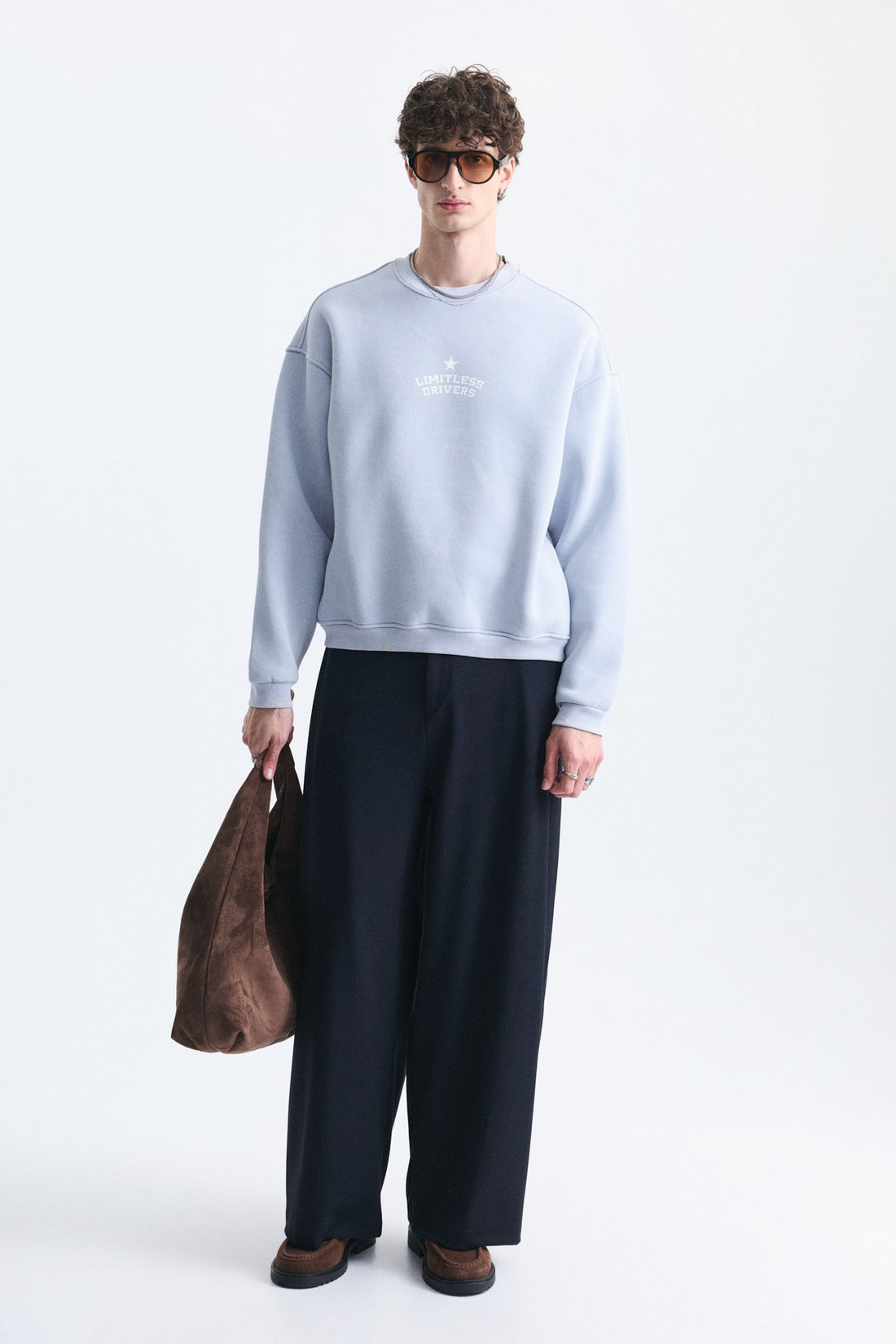 Overize Baskılı Bisiklet Yaka Sweatshirt