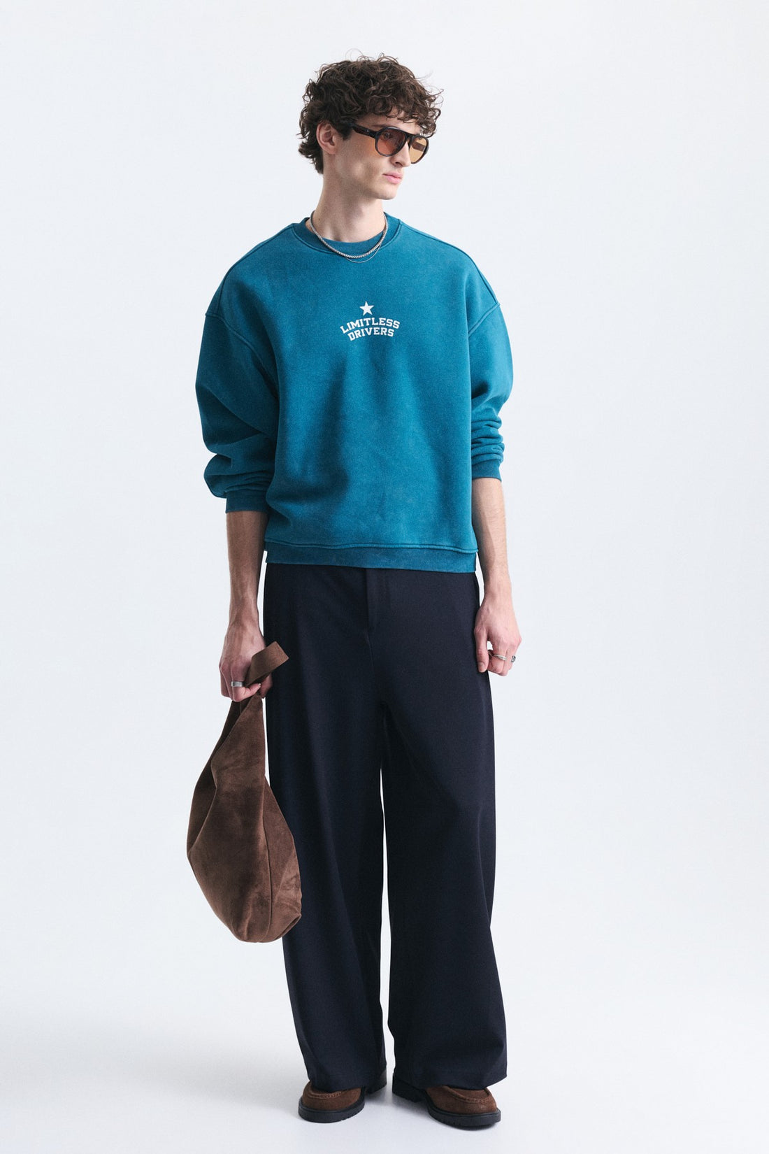Overize Baskılı Bisiklet Yaka Sweatshirt