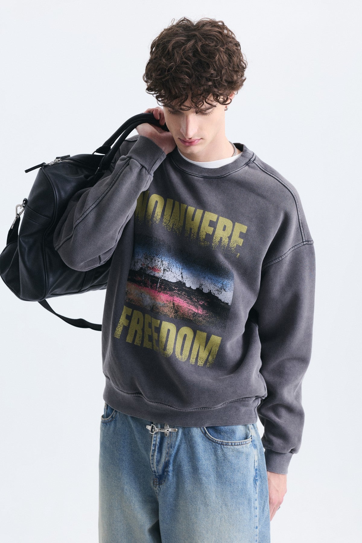 Oversize Yıkamalı Bisiklet Yaka Sweatshirt