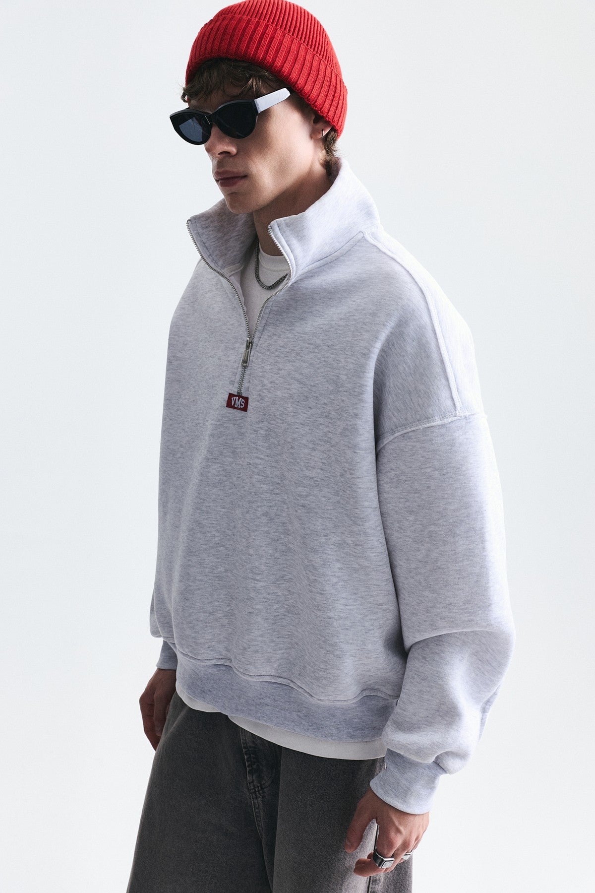 Fermuarlı Dik Yaka Boxy Fit Sweatshirt