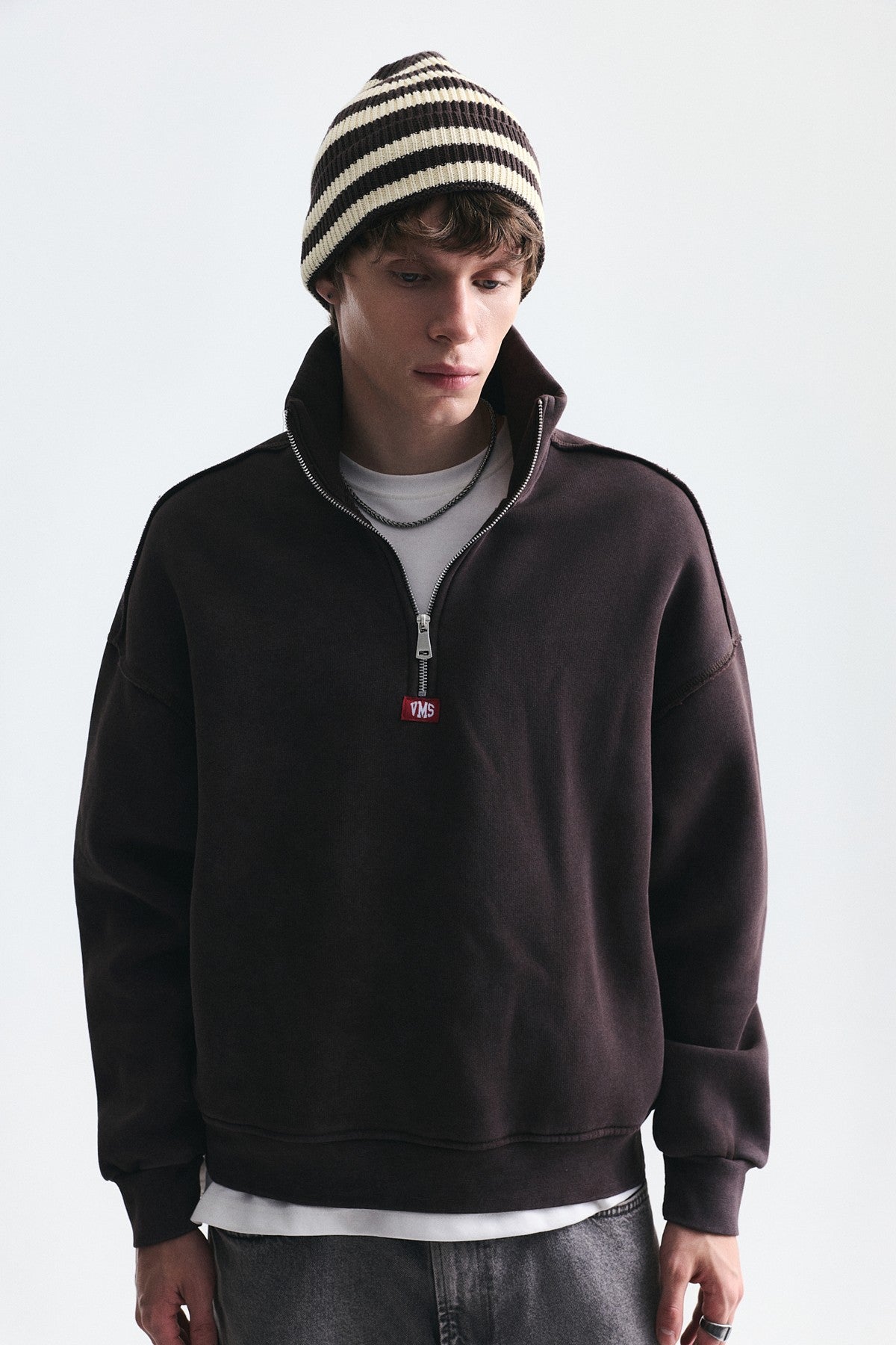 Fermuarlı Dik Yaka Boxy Fit Sweatshirt