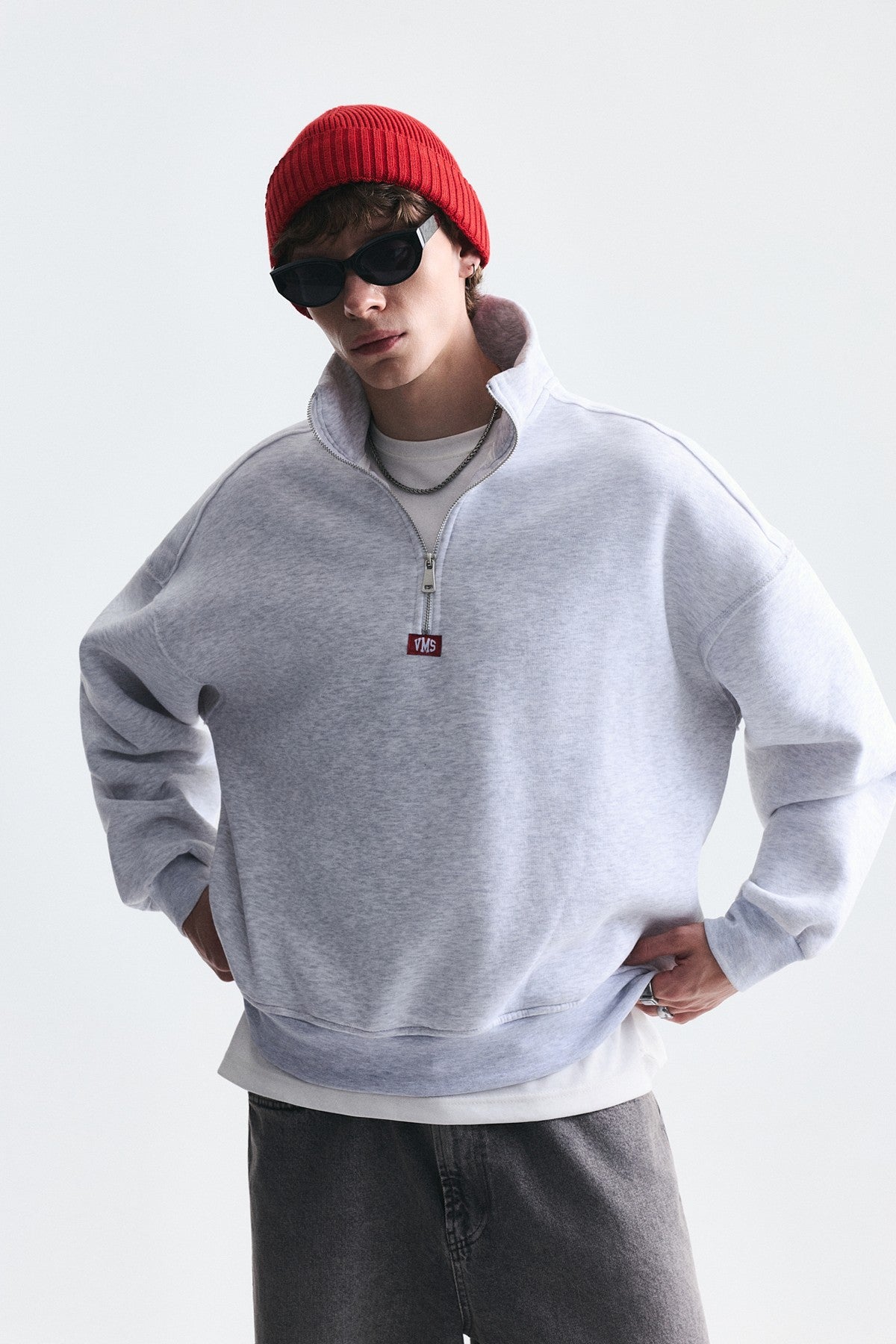 Fermuarlı Dik Yaka Boxy Fit Sweatshirt