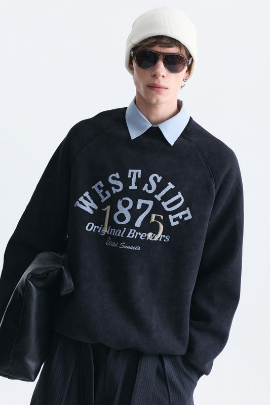 Oversize Baskılı Bisiklet Yaka Sweatshirt