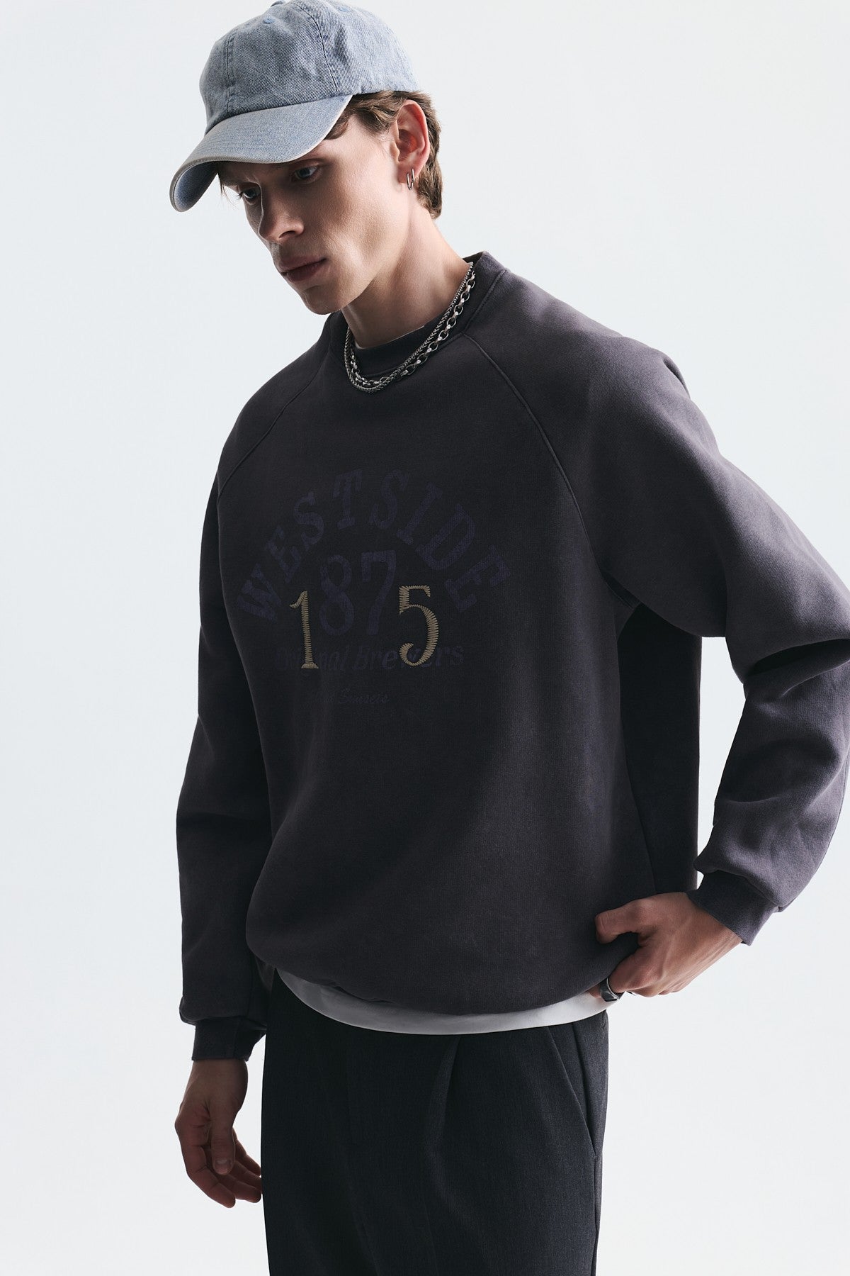 Oversize Baskılı Bisiklet Yaka Sweatshirt