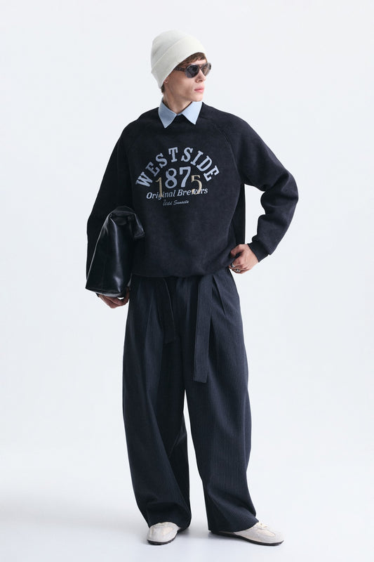 Oversize Baskılı Bisiklet Yaka Sweatshirt