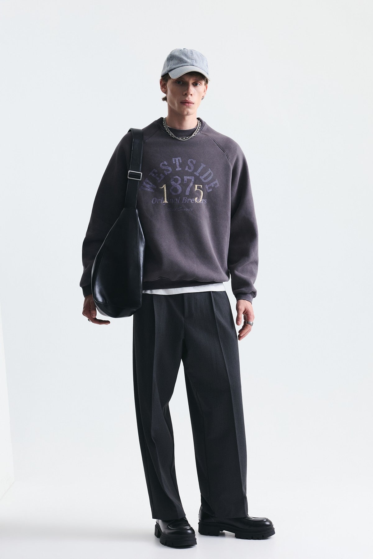 Oversize Baskılı Bisiklet Yaka Sweatshirt